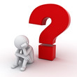 3d man sitting with red question mark over white background