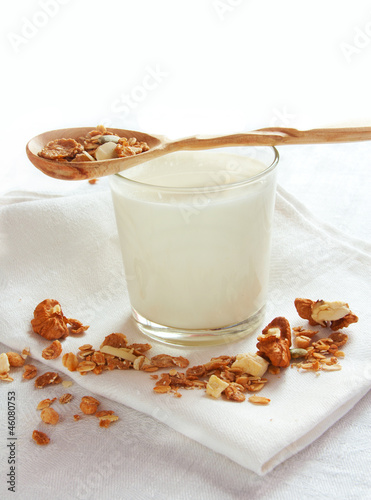 Photo: muesli and glass of milk muesli and glass of milk