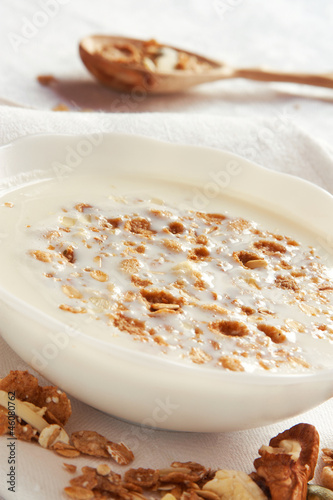 Photo: healthy breakfast of muesli and glass of milk healthy breakfast of muesli and glass of milk