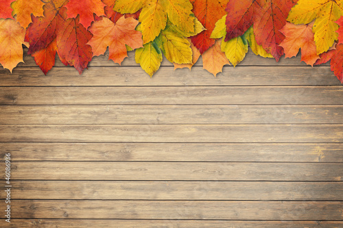 Photo: Autumn leaves over wooden Autumn leaves over wooden