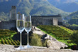 Pair of champagne glasses and grapes. Bellinzona, Switzerland