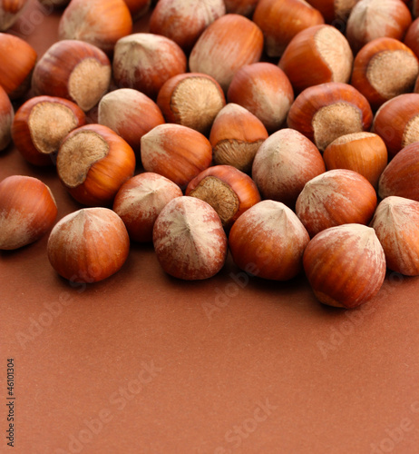 Photo: tasty hazelnuts, on brown background tasty hazelnuts, on brown background