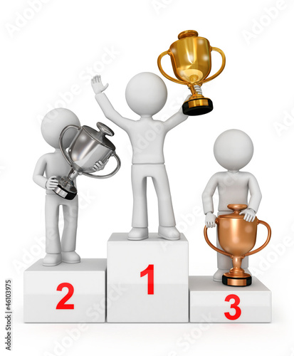 Illustration: Awarded with cups winning trio on the podium. Awarded with cups winning trio on the podium.