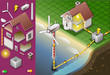 Isometric house with offshore wind turbines in production of ene