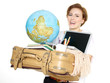 Female student carrying a globe, a bag and a laptop for moving
