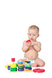 Small child play with toys on white background