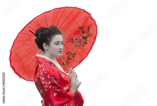 Photo: Geisha with red umbrella, portrait, isolated on white Geisha with red umbrella, portrait, isolated on white