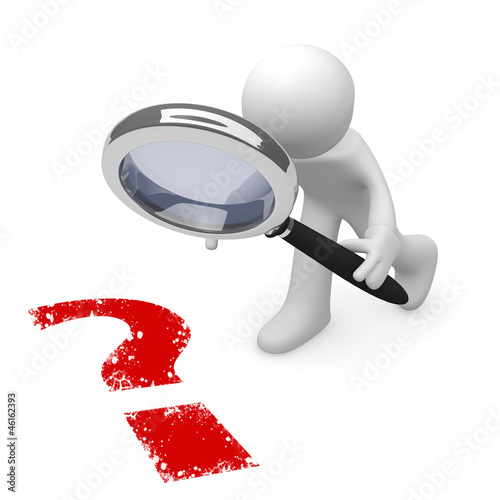 Illustration: 3d man with a magnifying glass and a red question mark 3d man with a magnifying glass and a red question mark