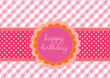 Illustration: Birthday card with flower label on a pink vichy pattern Birthday card with flower label on a pink vichy pattern