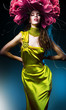 sensual beautiful woman in green dress and flower hat