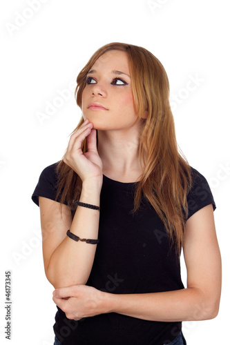 Photo: Pensive blond woman with black shirt Pensive blond woman with black shirt