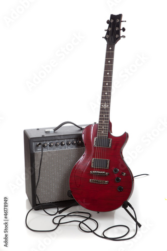 Illustration: An electric guitar and amp on a white background with copy space An electric guitar and amp on a white background with copy space