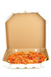 Tasty pizza in box isolated on white
