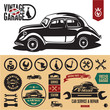 Vintage car garage labels and badges collection.
