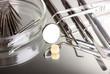 Set of dental tools for teeth care isolated on grey background
