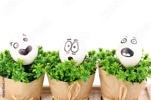Photo: White eggs with funny faces on green bushes White eggs with funny faces on green bushes