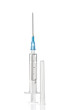 Close up view of  white plastic syringe  on  white back