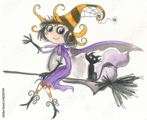 Illustration: Halloween witch on broomstick watercolor Halloween witch on broomstick watercolor
