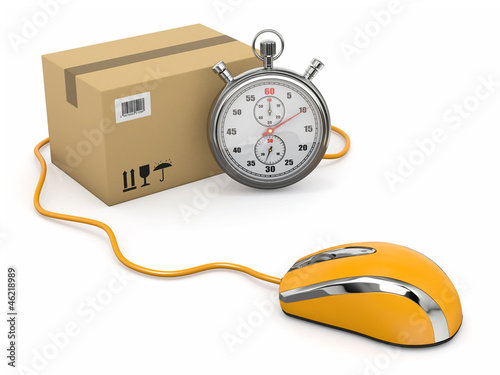 Illustration: Online express delivery. Mouse, stopwatch and package. Online express delivery. Mouse, stopwatch and package.
