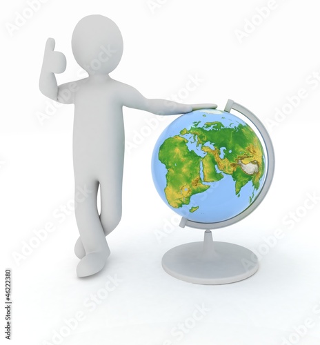 Illustration: Man by presentation a globe over white Man by presentation a globe over white