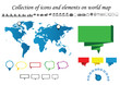 Vektor: Collection of icons and elements on world map Collection of icons and elements on world map