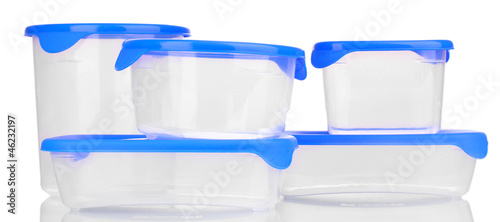 Photo: Plastic containers for food isolated on white Plastic containers for food isolated on white