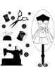 Vintage sewing related elements on the background.