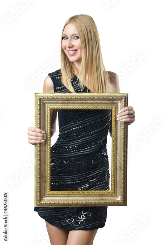 Photo: Woman holding picture frame on white Woman holding picture frame on white