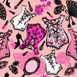 Seamless pattern with beautiful retro corsets, perfume bottles,