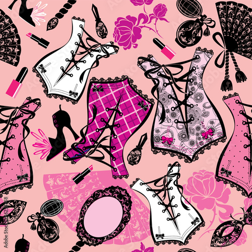 Vector: Seamless pattern with beautiful retro corsets, perfume bottles, Seamless pattern with beautiful retro corsets, perfume bottles,