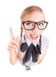 Funny school girl pointing up, fish eye lens portrait