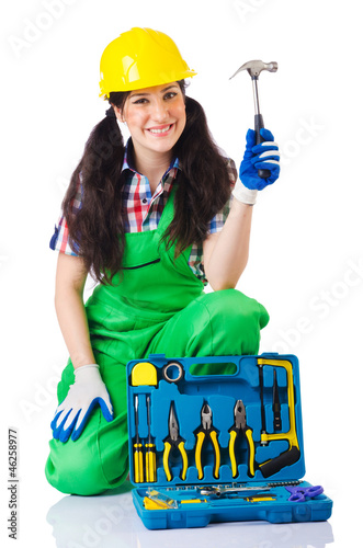 Photo: Woman with toolkit on white Woman with toolkit on white
