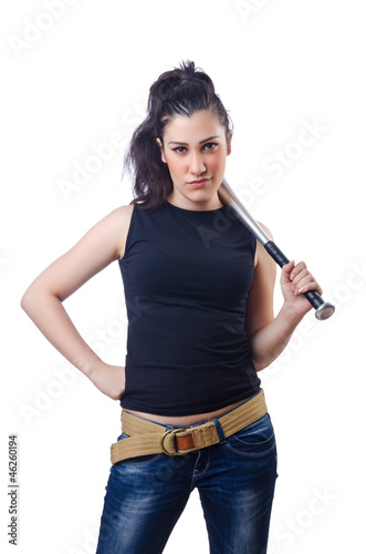 Photo: Woman criminal with bat on white Woman criminal with bat on white