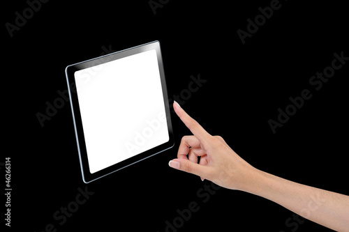 Photo: Hand pressing virtual button on blue background Hand pressing virtual button on blue background