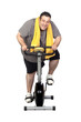 Fat man playing sport isolated on a white background