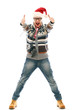 Funny man in christmas hat showing thumbs up