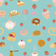 seamless pattern with different types of pastries on blue