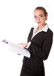 Teacher woman in business suit with book