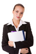 Student woman in business suit with books