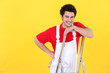A painter standing on a ladder.
