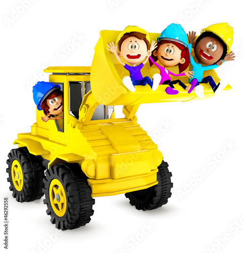 Illustration: 3D kids playing with a bulldozer 3D kids playing with a bulldozer