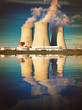 Nuclear power plant on the coast. Ecology disaster concept.