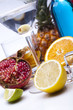 Cocktails, alcohol drinks with fruits
