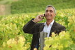 A mature man over the phone in a vineyard.