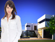 Woman by beautiful villa