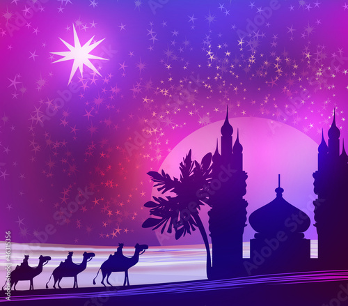 Illustration: Classic three magic scene and shining star of Bethlehem Classic three magic scene and shining star of Bethlehem