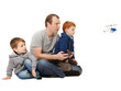 Father and sons playing kids helicopter game
