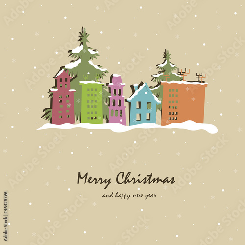 Vector: Christmas card with snow-covered buildings and trees Christmas card with snow-covered buildings and trees