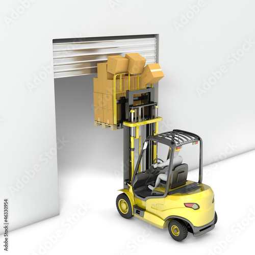 Illustration: Fork lift truck with high load hits door Fork lift truck with high load hits door