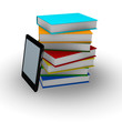 Illustration: E-book reader with stacked books E-book reader with stacked books